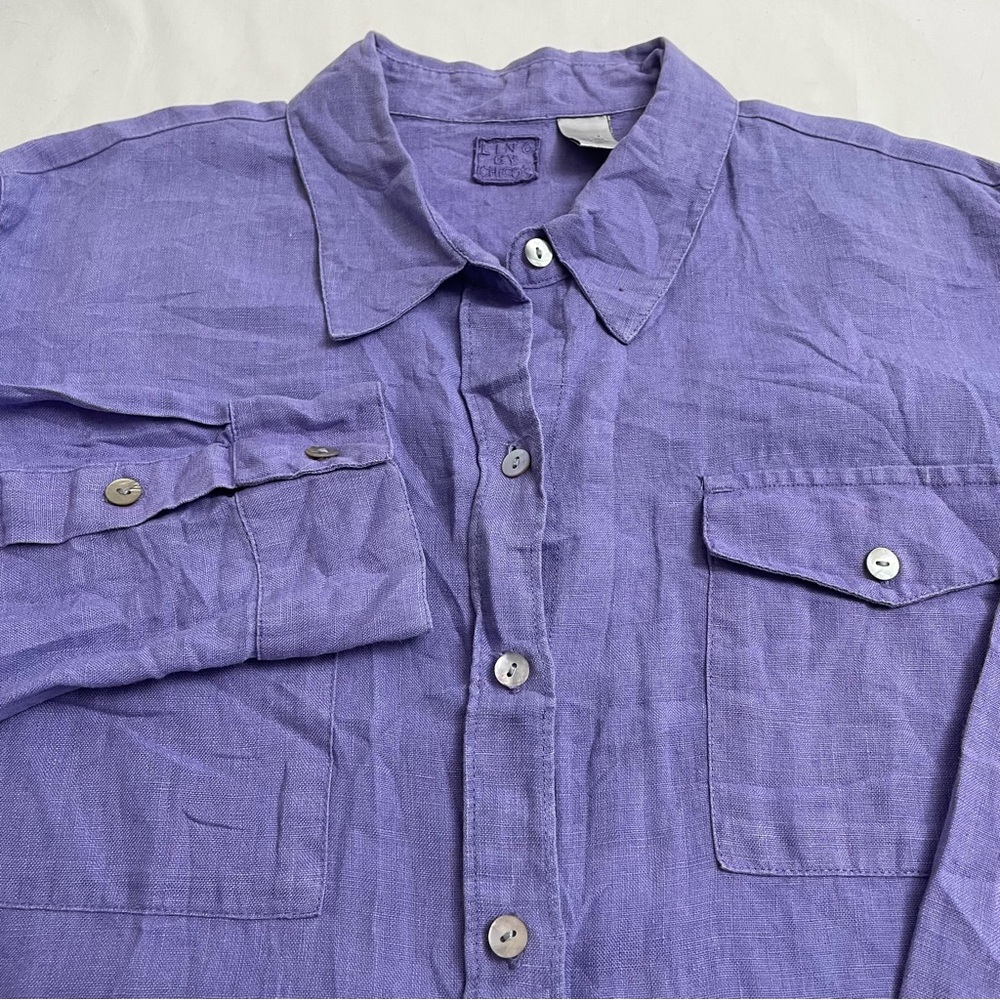 Lino by Chico’s 100% Linen Shirt Long Sleeve Button Down Purple Womens Size 8-10